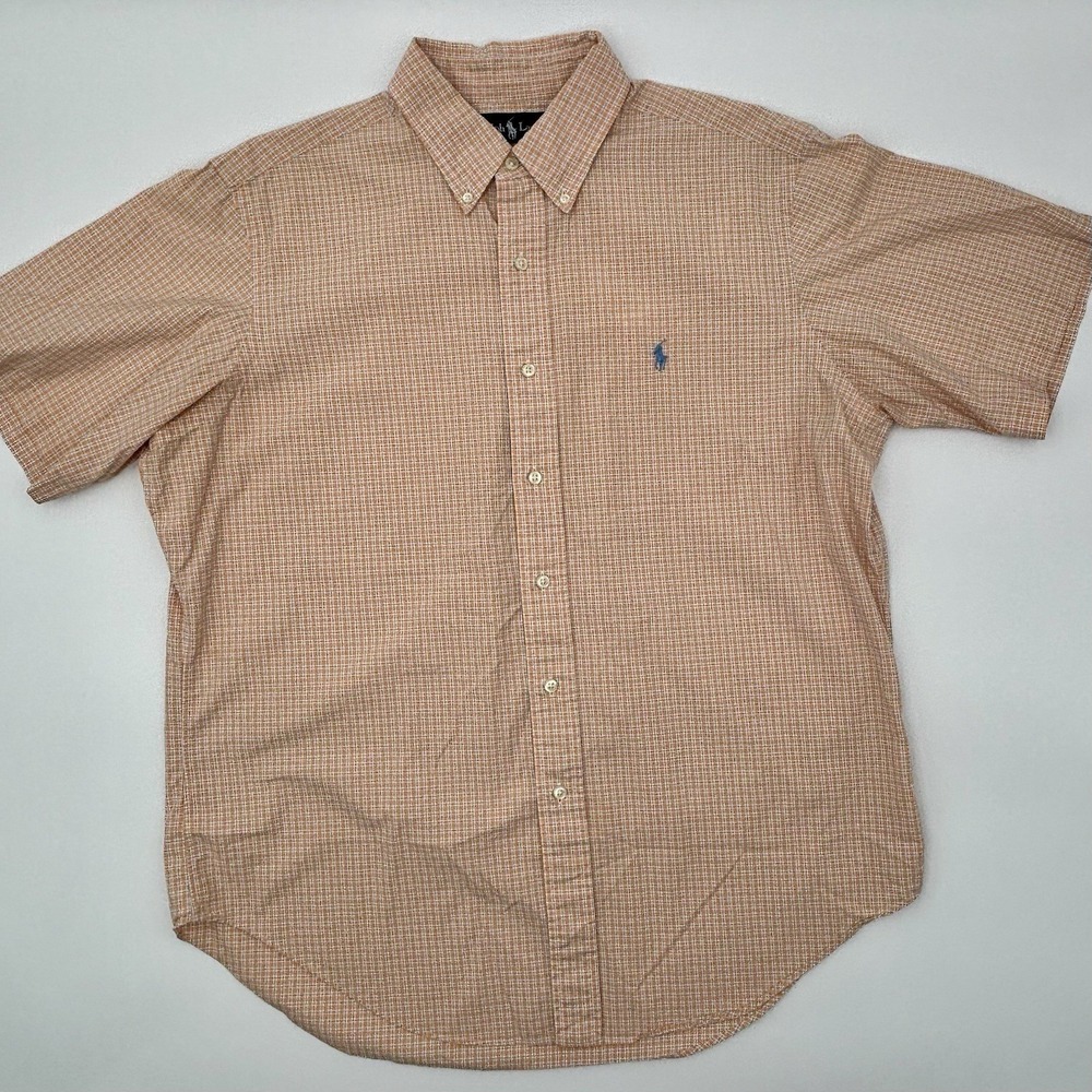 Ralph Lauren Shirt Mens Large Orange Gingham Plaid Short Sleeve Classic Fit Pony